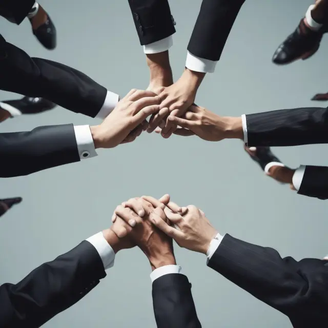 Executive with interlaced hands and company logo signifying skin in the game, representing aligned interests