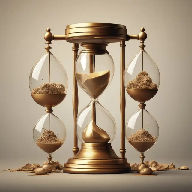 A golden hourglass depicting savings flows during Regulation Q era, illustrating the impact on S&L competitiveness in volatile economy
