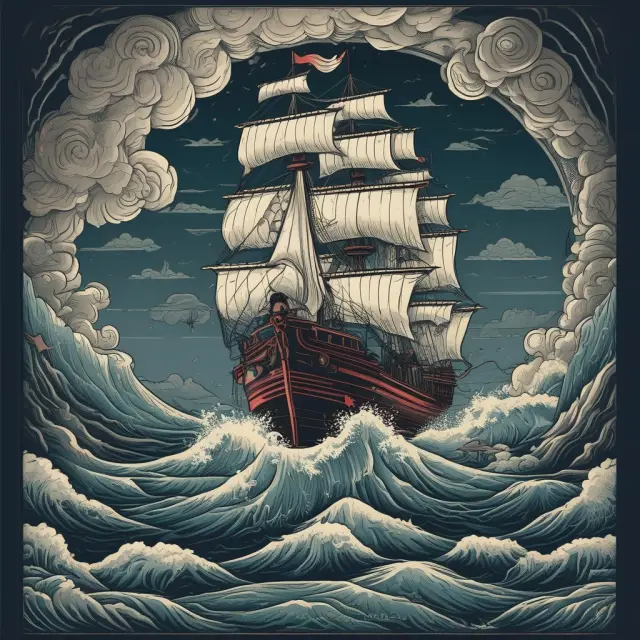 An old Savings & Loans ship braving a tempestuous sea, symbolizing the deregulated environment leading to speculation, fraud, and eventual collapse during the Savings and Loans crisis.