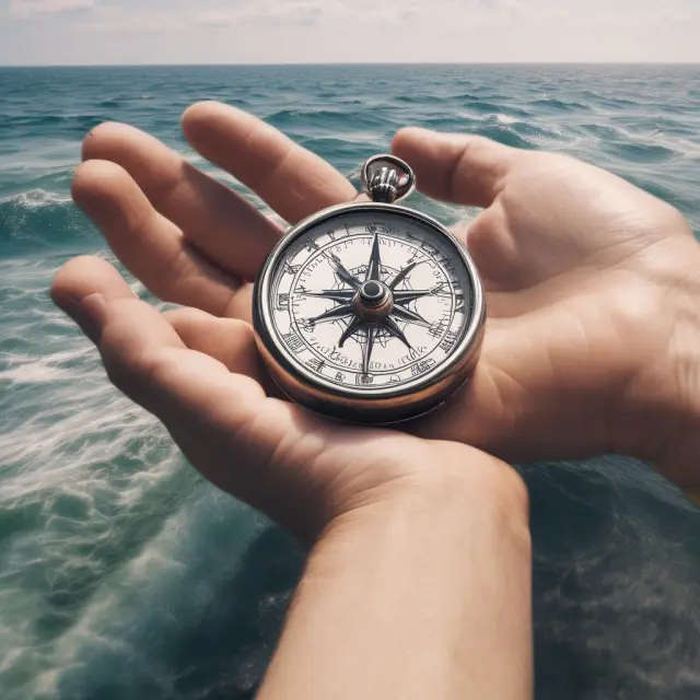 An outstretched hand holding a compass atop turbulent waters signifies the power of limit orders to navigate financial markets, minimizing slippage.