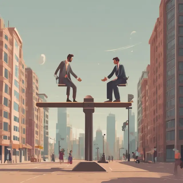 Two figures balanced on a seesaw symbolizing buyers and sellers interacting in an efficient market, representing the balance between fair price and slippage