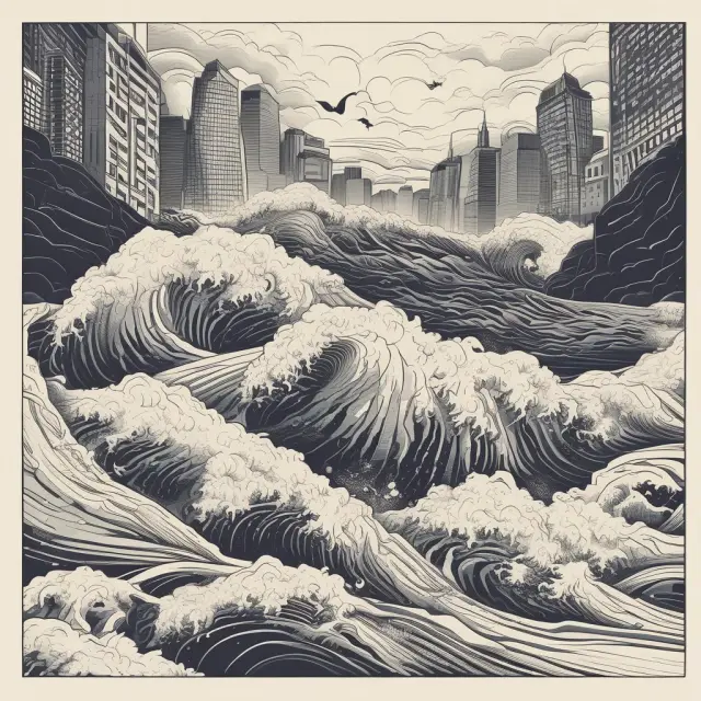 A series of unexpected market waves symbolizing slippage, impacting various trading platforms: stock exchange, forex, bonds, and futures