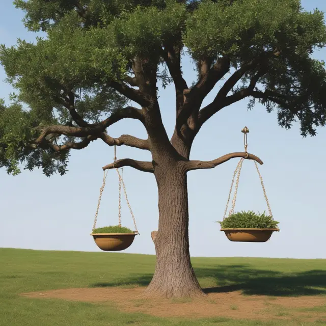 A balance scale with a young, growing tree symbolizing small cap stocks on one pan and a mature, established tree representing large-cap stocks on the other.