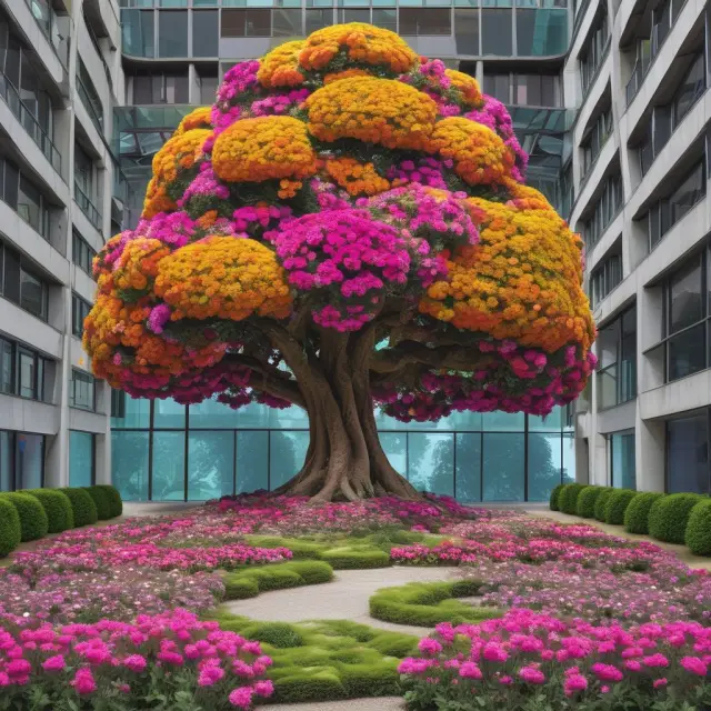 A lush garden teeming with diverse SMEs blooming alongside a towering corporate tree, symbolizing the growth and importance of small businesses in economies