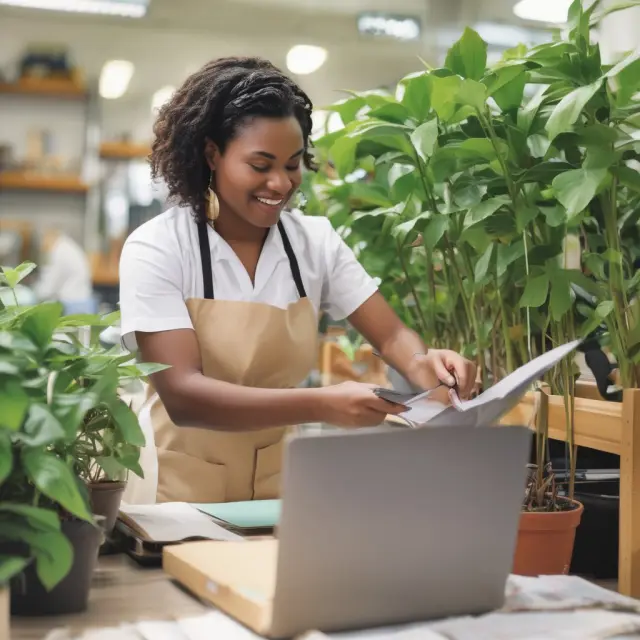 An entrepreneur with a small sapling growing amidst a rain of various loan documents symbolizing government support and financial growth for SMEs