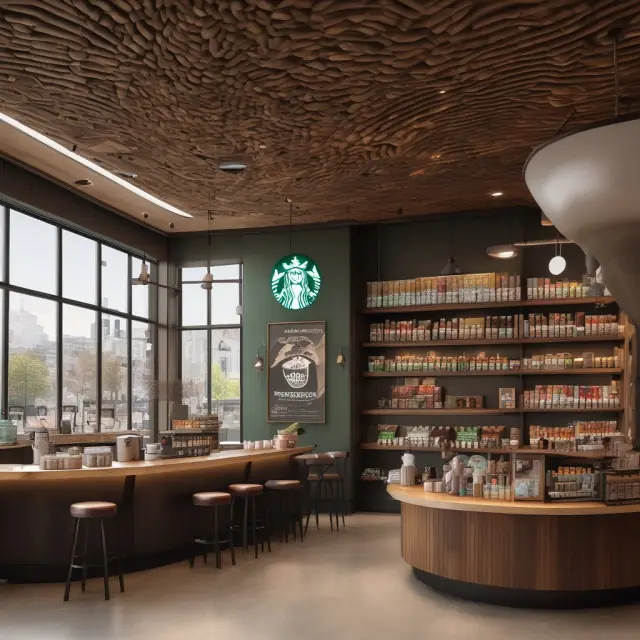 A single coffee bean growing into a colossal Starbucks store symbolizing global growth, and a lighthouse representing local businesses