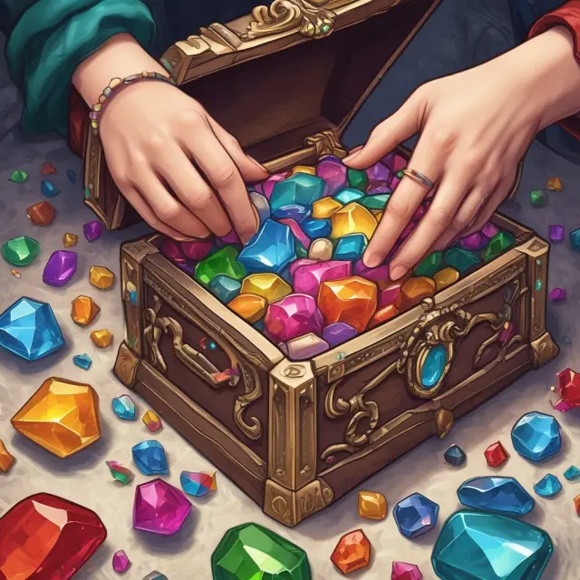Five hands, each representing a smart beta strategy, select gems (stocks) from a treasure chest labeled 