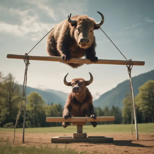 A smart bear and bull on a seesaw represent the volatile nature of smart beta ETFs