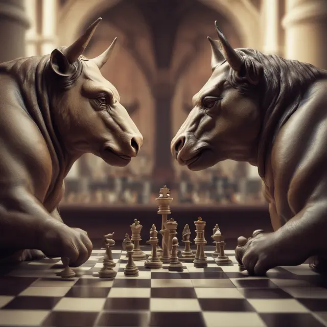 An intelligent bull and bear engage in a strategic chess game, employing fundamental ratio-based rules to create smart beta investment portfolios