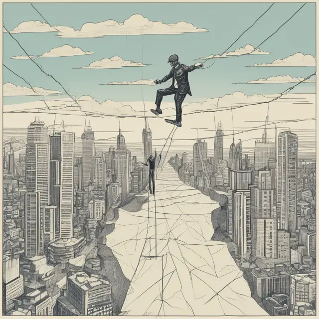 A person balancing on a tightrope above financial charts, illustrating the risks and challenges of smart beta investing