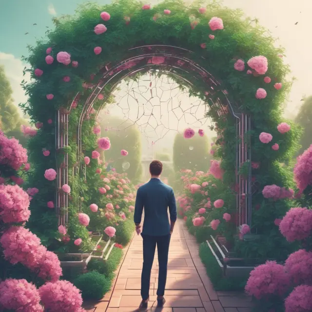 A blooming flower symbolizes the execution of a self-executing smart contract within a vibrant blockchain garden