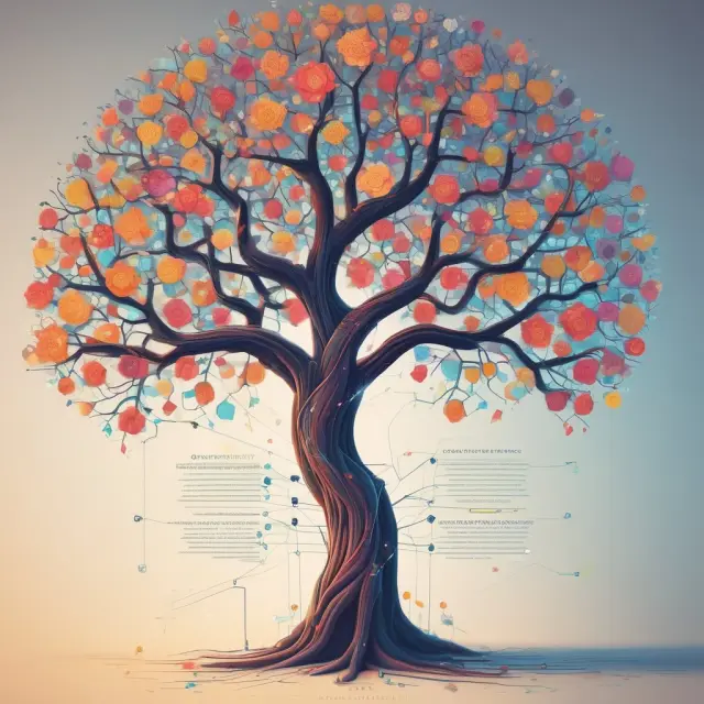 A smart contract depicted as a blossoming tree, symbolizing its benefits: efficiency, accuracy, immutability, and transparency.