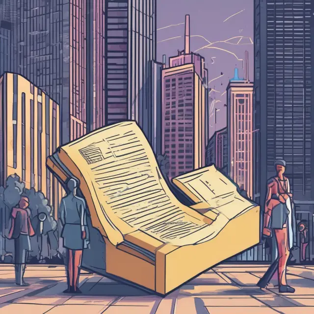 A mosaic of real estate buildings, a stock ticker symbol, and supply chain containers forming a smart contract symbol