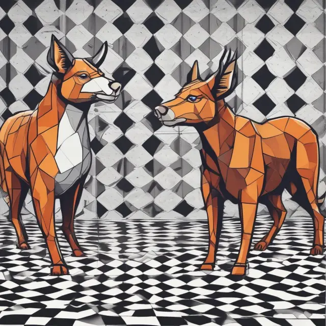 A smart bull and cunning fox stand on a checkered blockchain, symbolizing the advantages and challenges of using smart contracts.