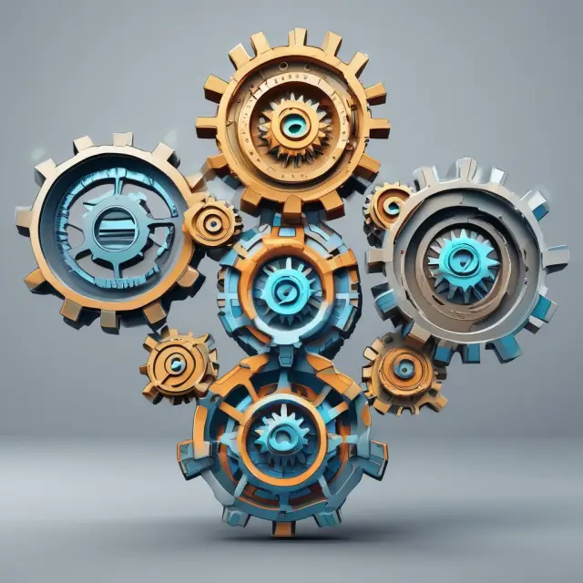 A visually engaging image of interconnected gears representing Ethereum, Bitcoin, EOS, and Cardano, powering a grand machine symbolizing smart contract innovation
