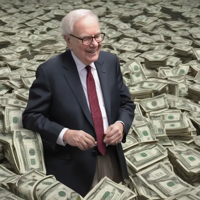 Warren Buffett atop a towering tidal wave, representing Berkshire Hathaway