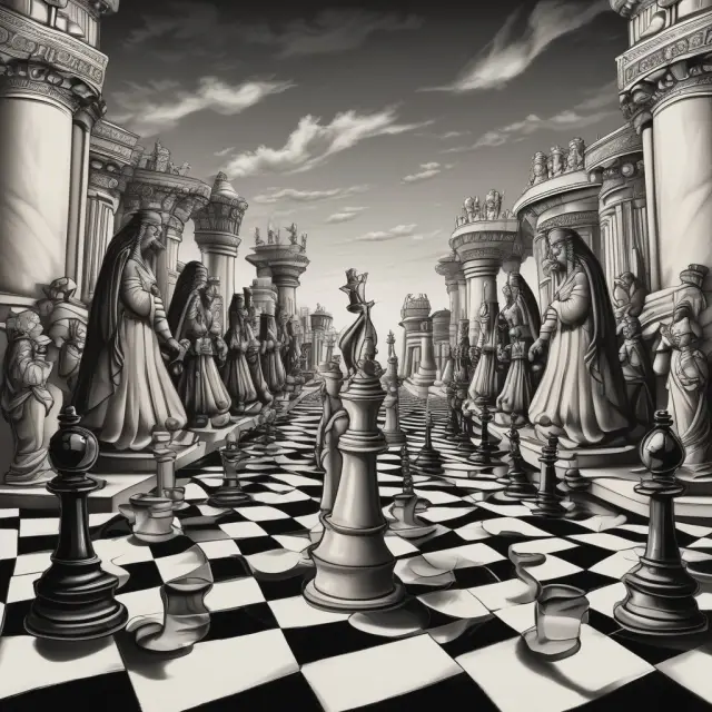 Two large chess pieces (Central Banks & Institutions) manipulating the board (Market Trends) while smaller pawns (Retail Investors) follow.