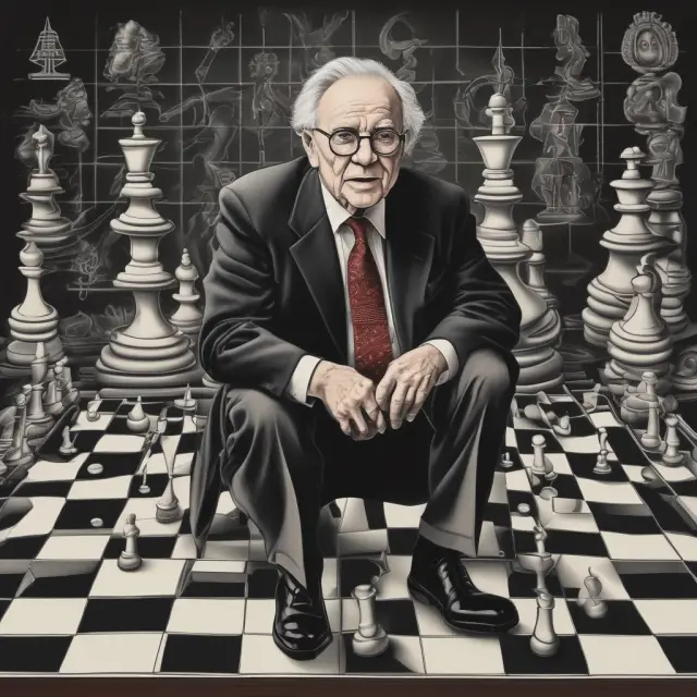 Oracle Buffett making strategic moves on a chessboard, influencing smaller investors and market trends.