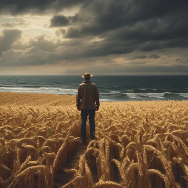 A farmer stands on a mountain of wheat, contemplating the stormy sea teeming with foreign competition boats