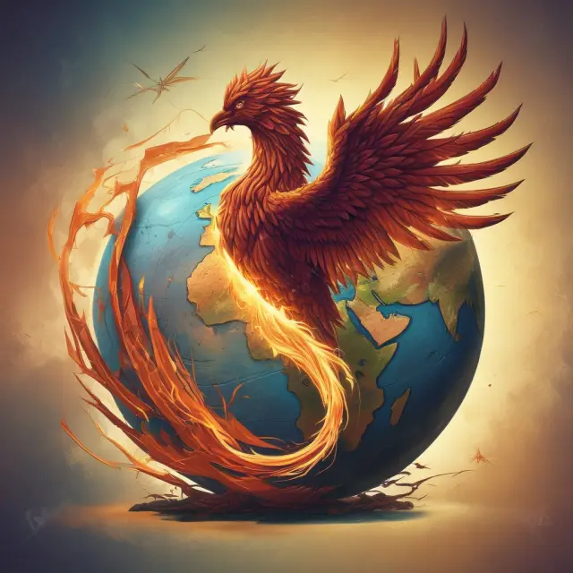A mythical Phoenix emerging from the ruins of a fractured globe, representing international economic cooperation and recovery from Smoot-Hawley