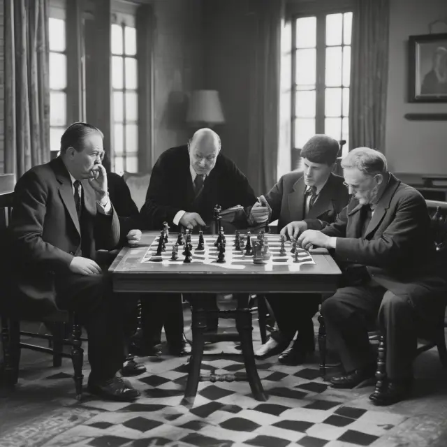 Economists, represented as chess pieces, pondering the implications of Smoot-Hawley Tariff Act during the Great Depression. One economist advocates for protection while another warns against it.
