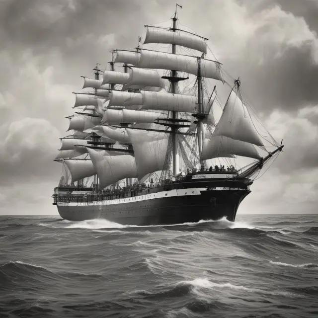 A historic ship setting sail amidst stormy seas, symbolizing Smoot-Hawley