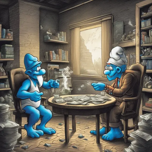 Smurf exchanging laundered funds with a legitimate businessman in a dimly lit room, forming intricate networks to reintroduce tainted money into the financial system