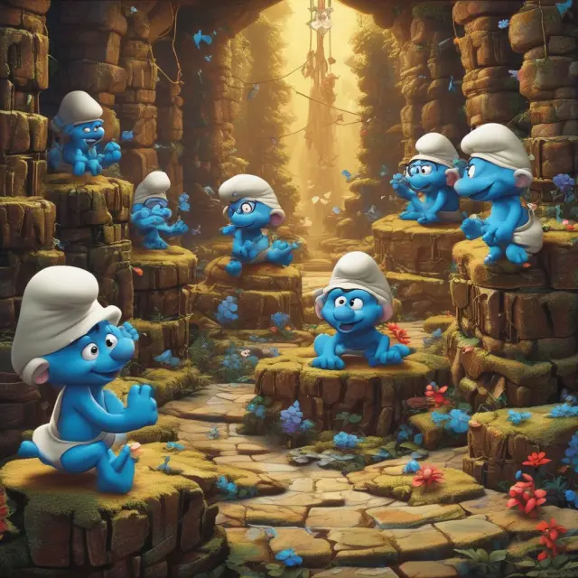 A scene depicting Smurfs meticulously weaving intricate webs, symbolizing their complex money laundering techniques in a financial setting