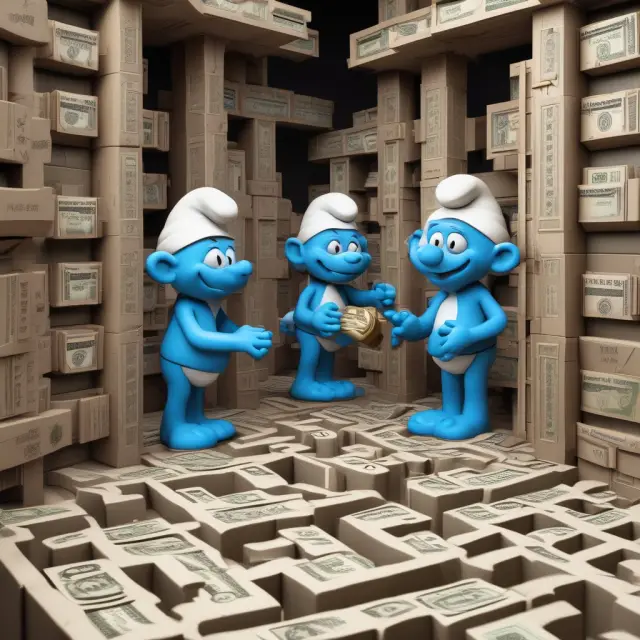 Smurfs engaging in smurfing activities within a financial maze, illustrating the complex process of breaking up transactions to evade reporting requirements
