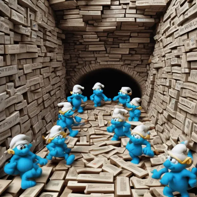 Smurfs in a maze of banks, engaging in smurfing to conceal large cash transactions