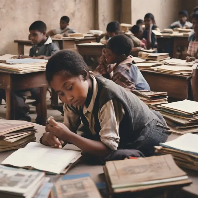 A young student sits at a wooden table in a dimly lit room, surrounded by books and studying diligently while balancing socioeconomic challenges on their shoulders