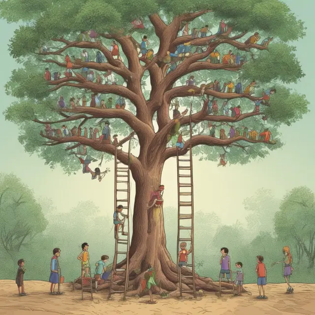 Children climbing a socio-economic ladder reach out for leaves on an education tree, symbolizing the connection between socioeconomic status and educational attainment