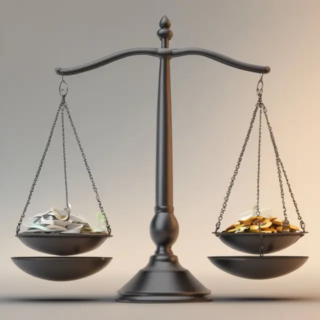 A scale with weights for income, education level, occupation prestige, and family size. The balance represents an individual
