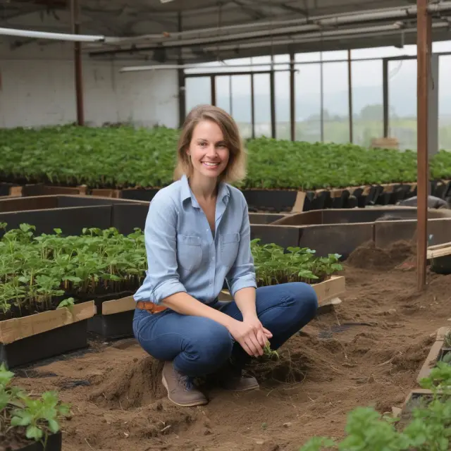 A seedling social enterprise growing among various business elements, symbolizing the growth of a socially-focused venture within a thriving economic environment