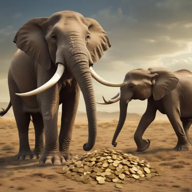 An elephant symbolizing traditional entrepreneurship balancing on a pile of gold coins, contrasted with a social entrepreneurship elephant nurturing starving children