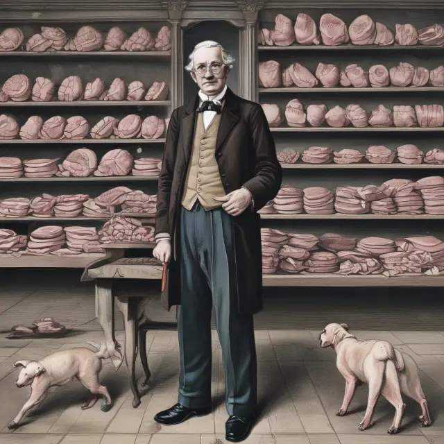 Butcher working in an old market, using the invisible hand to create social change through entrepreneurship, inspired by Adam Smith