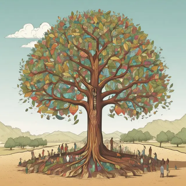 A community tree with diverse roots connecting and growing in harmony, representing social entrepreneurs fostering sustainable solutions for local areas