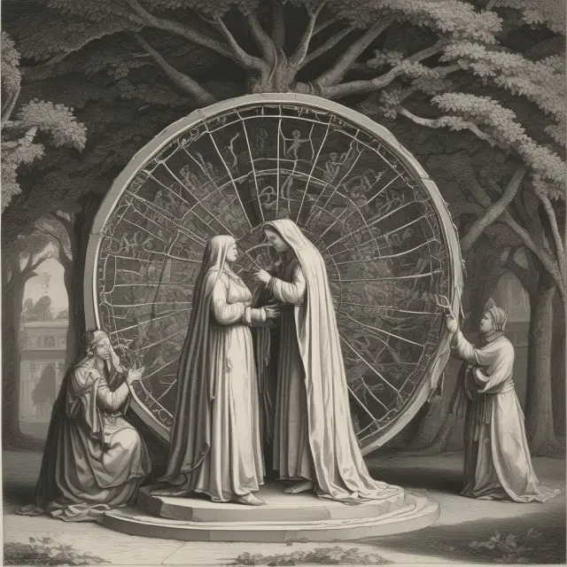 The Veil of Ignorance figure distributes opportunities under a tree symbolizing a fair and just society