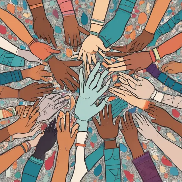 A mosaic of hands in unity, representing principles of social justice - access, equity, diversity, and human rights.
