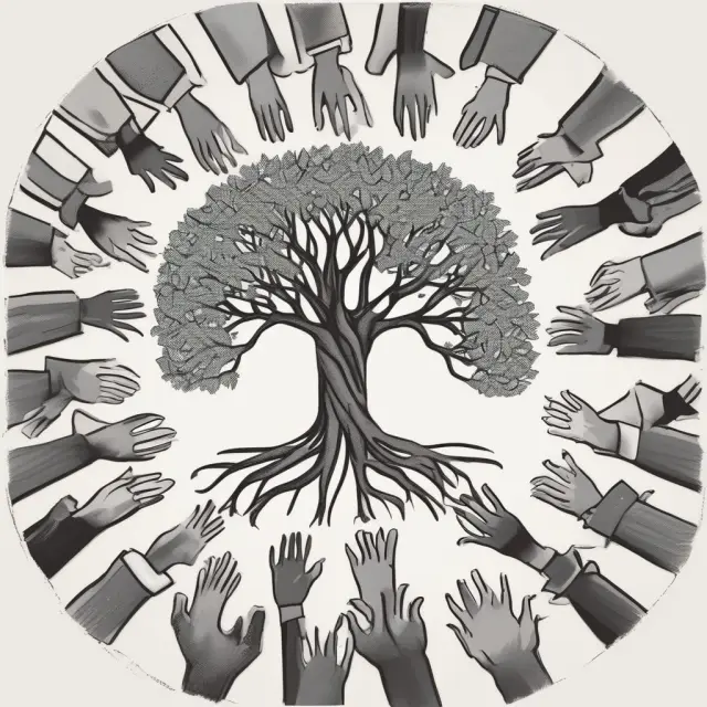A group of hands creating a circle around a tree representing social justice careers: public administration, social work, law, advocacy, and community development.