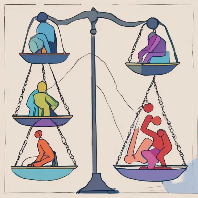 A set of scales representing social justice, with pans balanced for racial equality, gender equality, LGBTQ+ rights, disability justice, economic justice, and environmental justice
