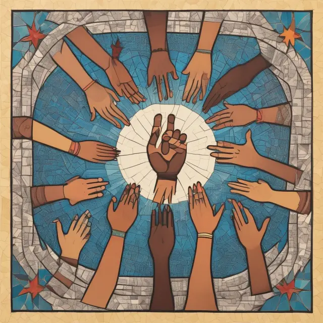Image depicts a large, balanced scale representing social justice principles held by diverse hands symbolizing access, equity, diversity, participation, and human rights