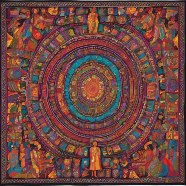A colorful tapestry depicting significant social justice movements: Civil Rights, Women