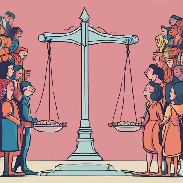 Scales representing social justice balanced between individual identities and universal rights
