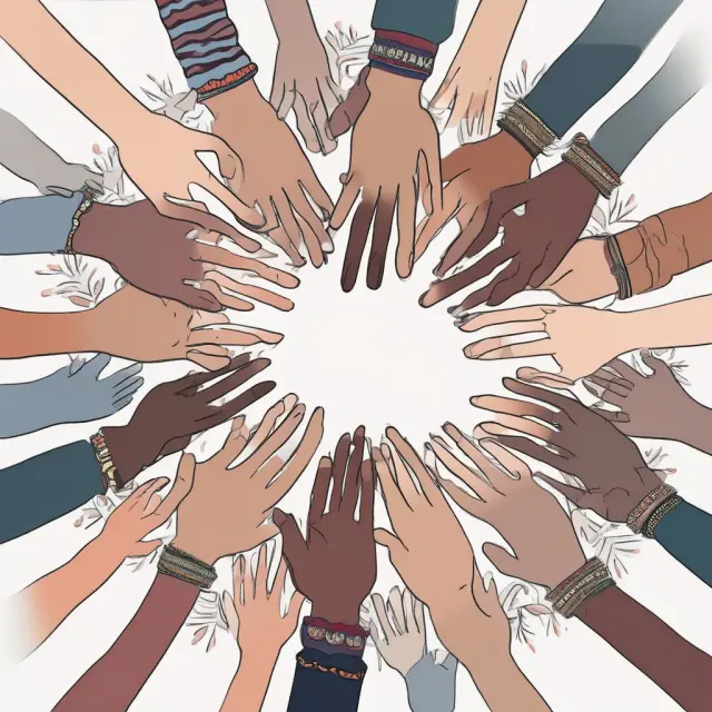 Hands of various skin tones forming a colorful bridge in a kaleidoscope pattern, illustrating social justice initiatives bridging gaps between communities.