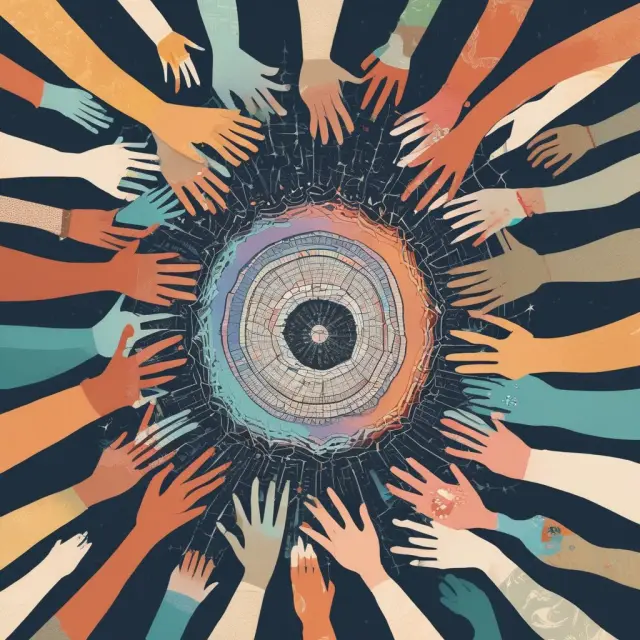 A vibrant, diverse crowd collaborating to form a kaleidoscope, symbolizing the evolving landscape of social justice and addressing intersectional challenges with empathy and sustainability