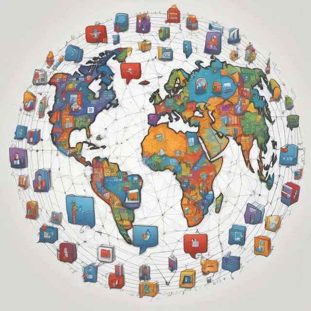 Visualization of individuals and businesses connected on a global social media network, illustrating communication, growth opportunities, and community engagement