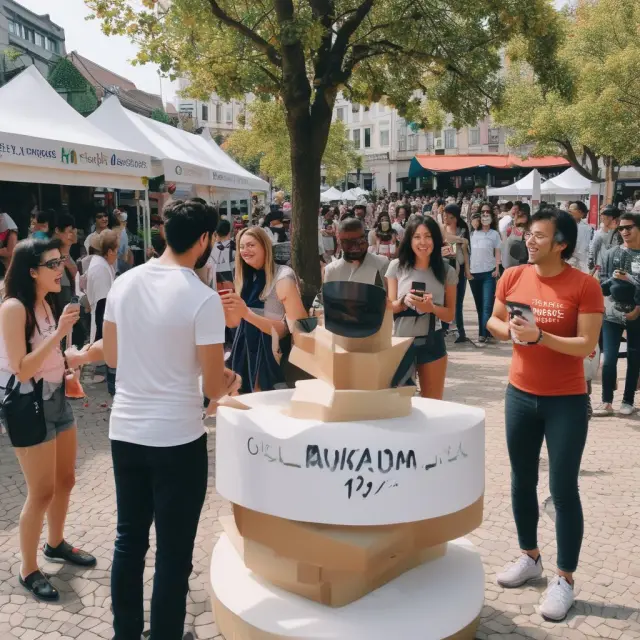 A bustling digital village square where brand ambassadors engage potential customers, representing the power of social media marketing