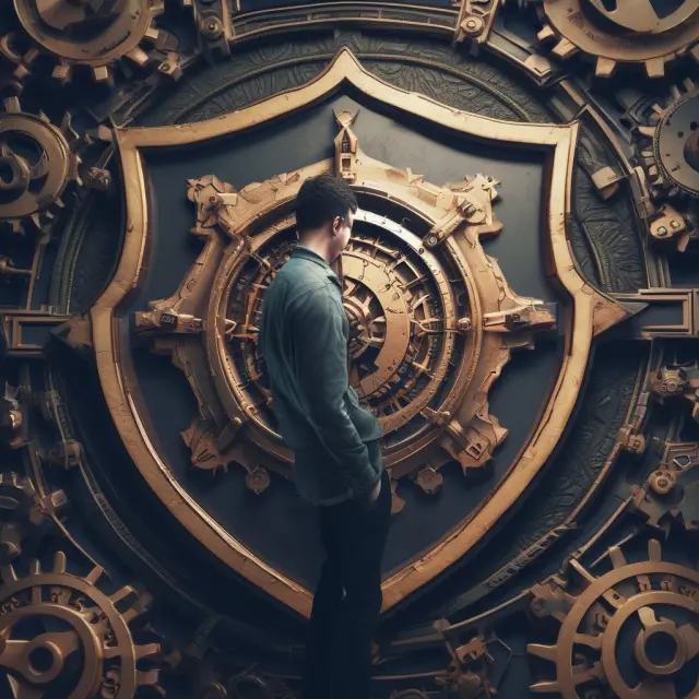 A person stands before a castle made of social media platforms, protecting it with a large, ornate shield adorned with interconnected gears symbolizing privacy settings.
