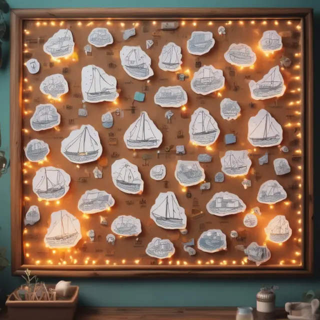 A business pinboard with various pins, including rich pins and optimized boards, floating among Pinterest users, with an analytics chart sailing on a sea of engagement